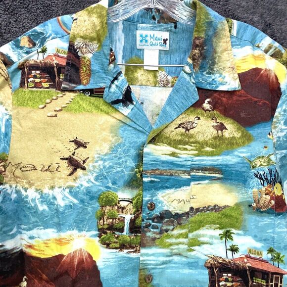 Maui Quilt Shop 100% Cotton Turtles Ducks Aloha Tropical Button Shirt Sz Large L - Picture 2 of 8
